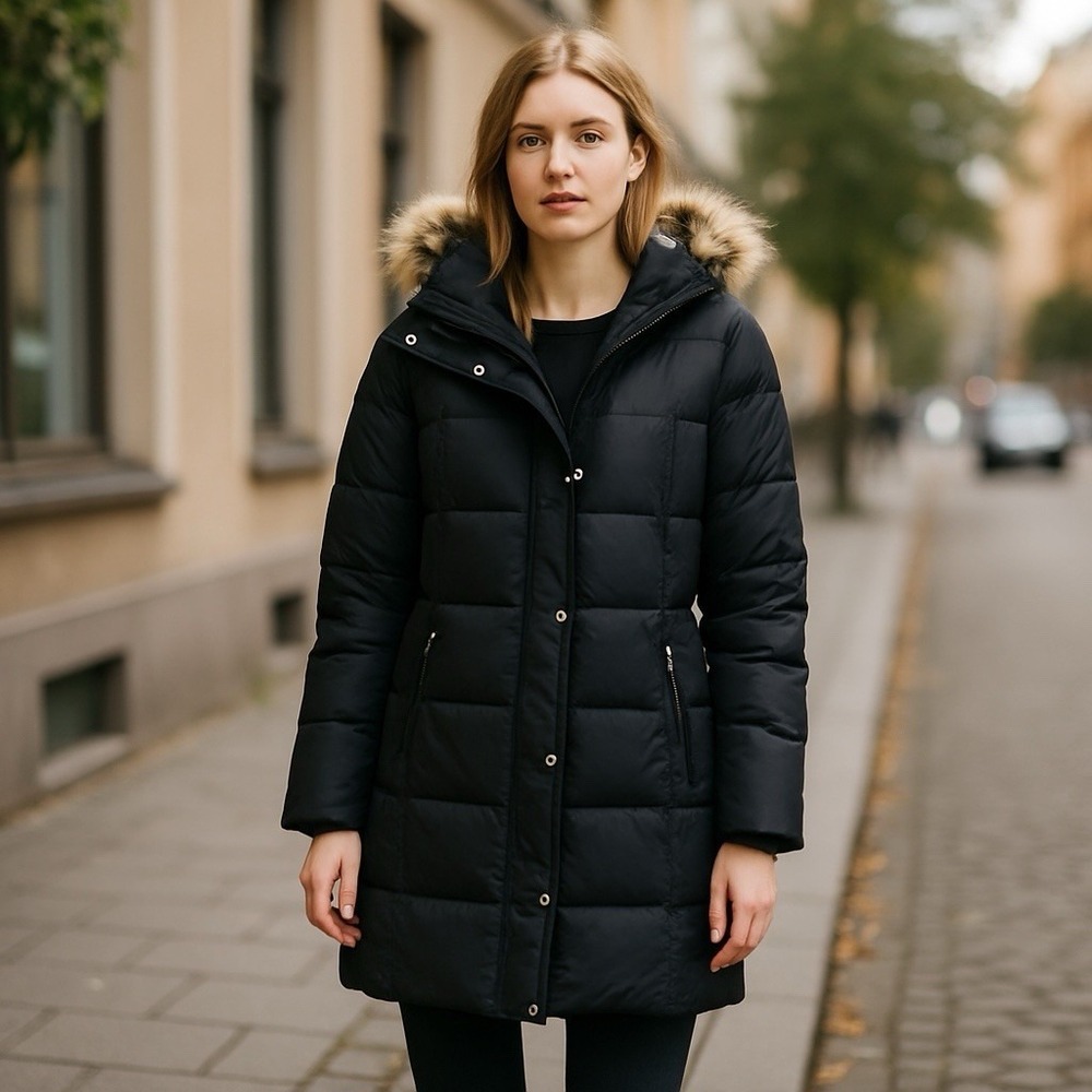 Michael Kors‎ PS Quilted Polyester Black Faux Fur Hood Trim Removable Hood